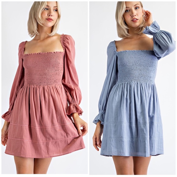 Edit By Nine Adorable Dusty Blue Smocked Bodice Long Puff Sleeves Dress - Picture 9 of 10